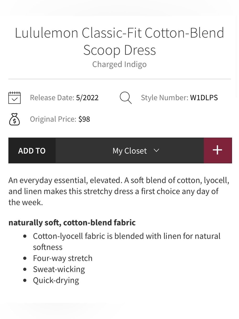 Lululemon NWT Classic Fit Cotton Blend Scoop Dress Charged Indigo Purple Size 8 - Picture 9 of 12